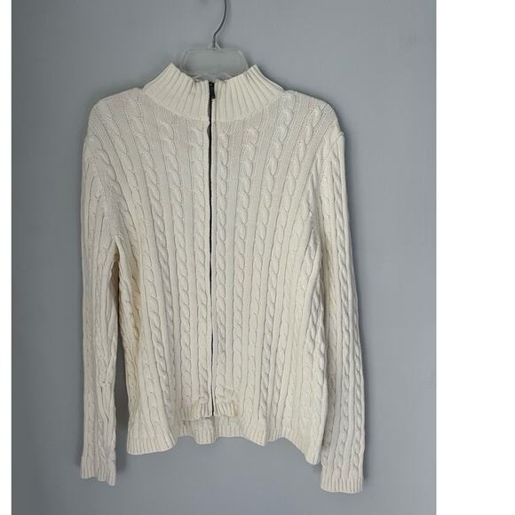 L.L. Bean Cardigan Sweater Cable Knit Zip Fisherman Preppy Cream Size Large - Picture 1 of 9